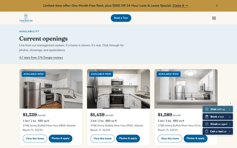 Tidewater availability page on a laptop: three homes with live prices